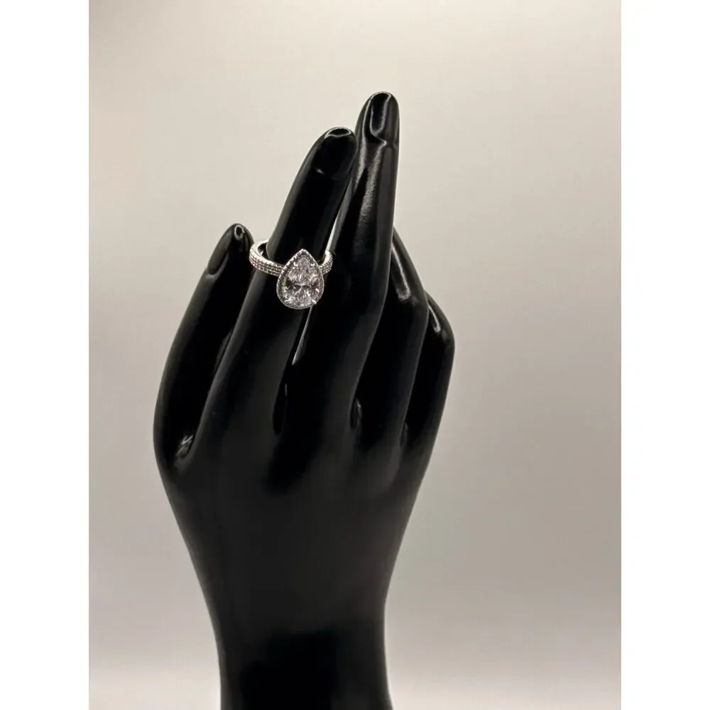 Pear Cut CZ Halo Ring Size 5 | Silver Plated Stainless Steel | Hypoallergenic
